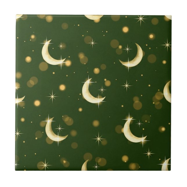 Golden Crescent Moon Bokeh - Celestial Starry Tile (Front)