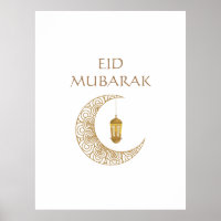 Golden Crescent Moon & Lantern Eid Mubarak Islamic