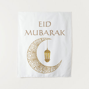 Golden Crescent Moon & Lantern Eid Mubarak Islamic Tapestry