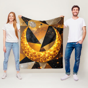 Golden Crescent Moon with Cosmic Geometric Stars Fleece Blanket