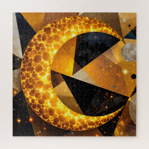 Golden Crescent Moon with Cosmic Geometric Stars Jigsaw Puzzle