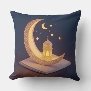 Golden Crescent Moon with Islamic Lantern Art Cushion