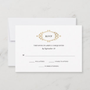 Golden Crest   Elegant Black and White Wedding RSVP Card