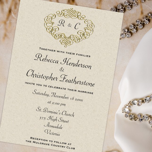 Golden Crest Monogrammed Elegance: Beige Wedding Invitation (Creator Uploaded)
