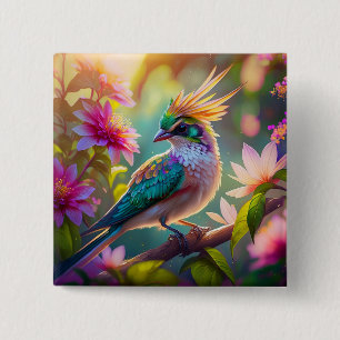 Golden Crested Green Headed Finch Fantasy Bird 15 Cm Square Badge