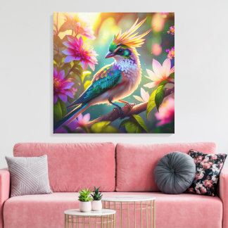 Golden Crested Green Headed Finch Fantasy Bird Canvas Print