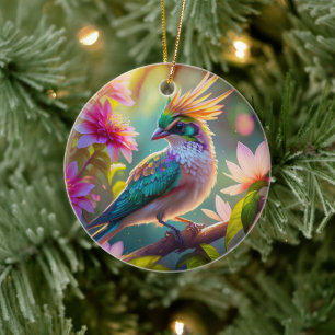 Golden Crested Green Headed Finch Fantasy Bird Ceramic Tree Decoration