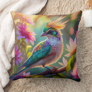 Golden Crested Green Headed Finch Fantasy Bird Cushion