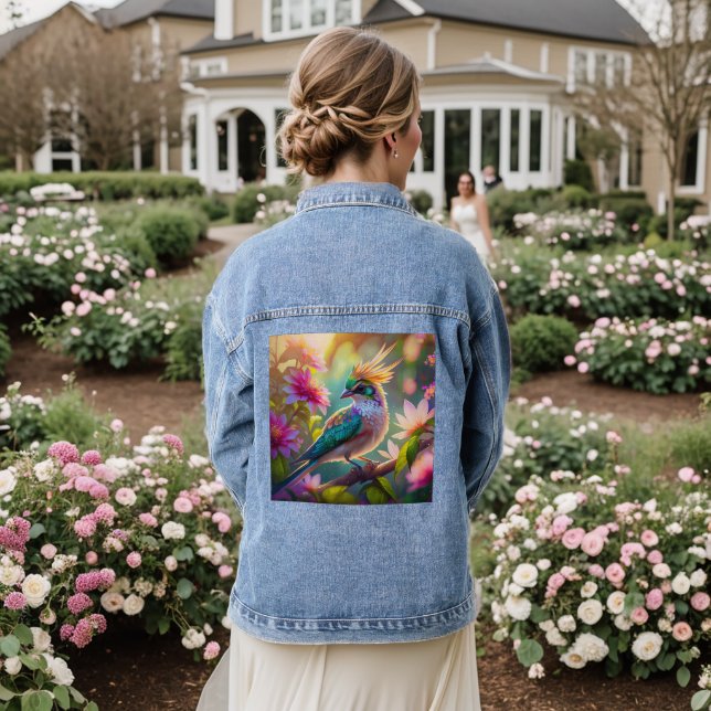 Golden Crested Green Headed Finch Fantasy Bird Denim Jacket (Wedding Back)