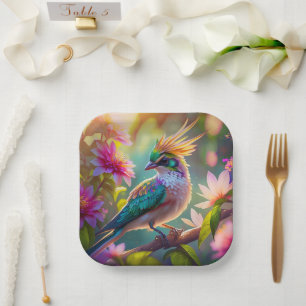 Golden Crested Green Headed Finch Fantasy Bird Paper Plate