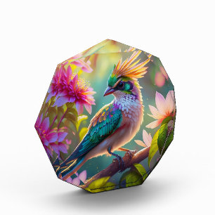Golden Crested Green Headed Finch Fantasy Bird Photo Block