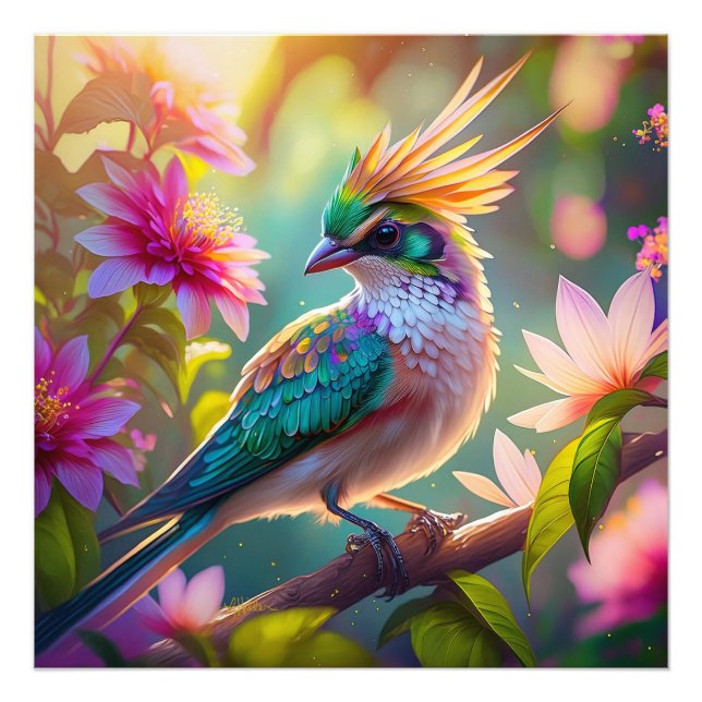 Golden Crested Green Headed Finch Fantasy Bird Photo Print (Front)