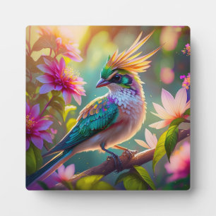 Golden Crested Green Headed Finch Fantasy Bird Plaque