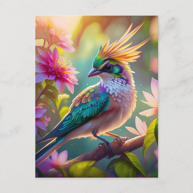 Golden Crested Green Headed Finch Fantasy Bird Postcard (Front)