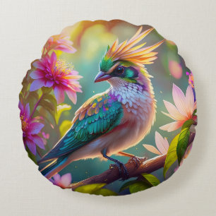 Golden Crested Green Headed Finch Fantasy Bird Round Cushion