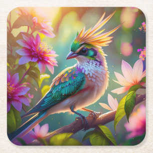 Golden Crested Green Headed Finch Fantasy Bird Square Paper Coaster