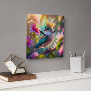 Golden Crested Green Headed Finch Fantasy Bird Square Wall Clock