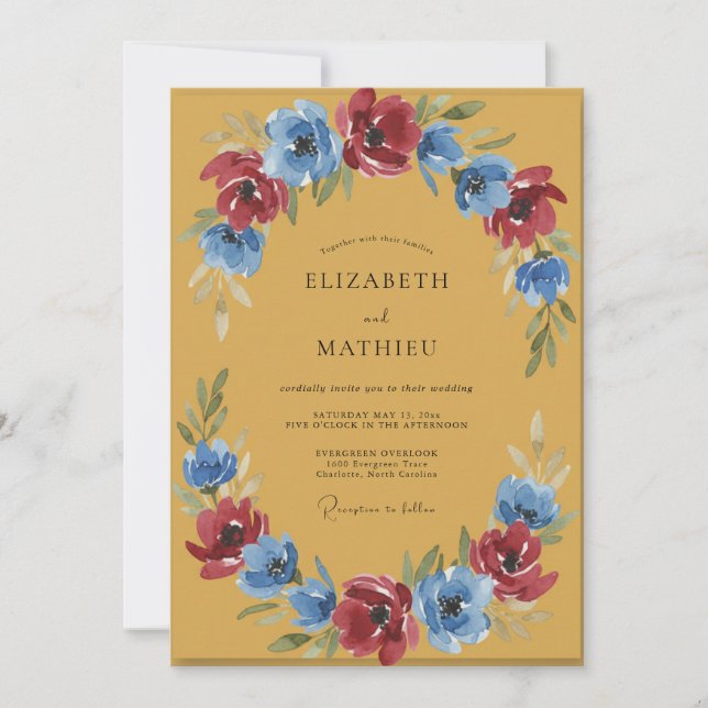Golden Crimson Wreath Wedding Invitation (Front)