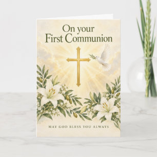 Golden Cross Dove Lilies First Communion Card