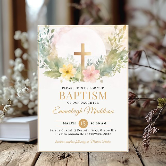 Golden Cross Florals Christening or Baptism Invitation (Creator Uploaded)