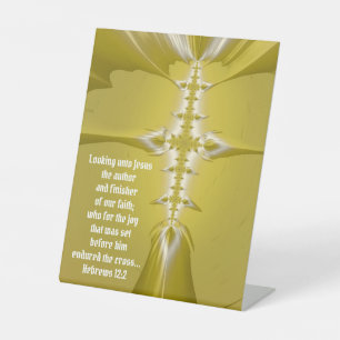 Golden Cross Fractal Art with Bible Verse Pedestal Sign