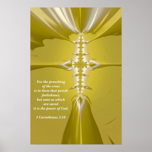 Golden Cross Fractal Art with Bible Verse Poster (Front)