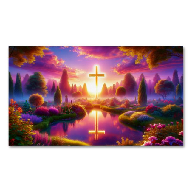 Golden Cross in a Heavenly Paradise Magnetic Business Card (Front)