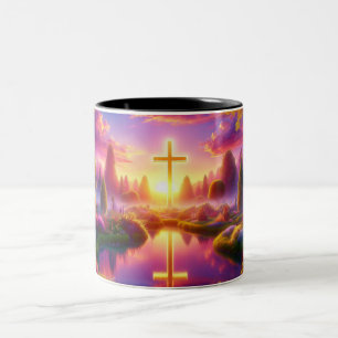 Golden Cross in a Heavenly Tropical Garden Two-Tone Coffee Mug