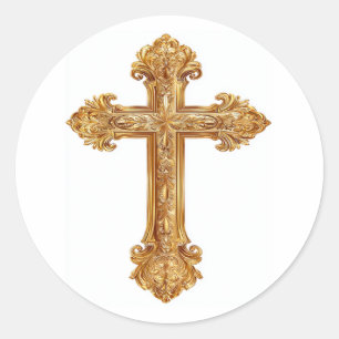 Golden Cross Modern Elegant Catholic Religious Art Classic Round Sticker