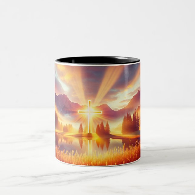 Golden Cross Under a Glorious Sunrise  Two-Tone Coffee Mug (Center)