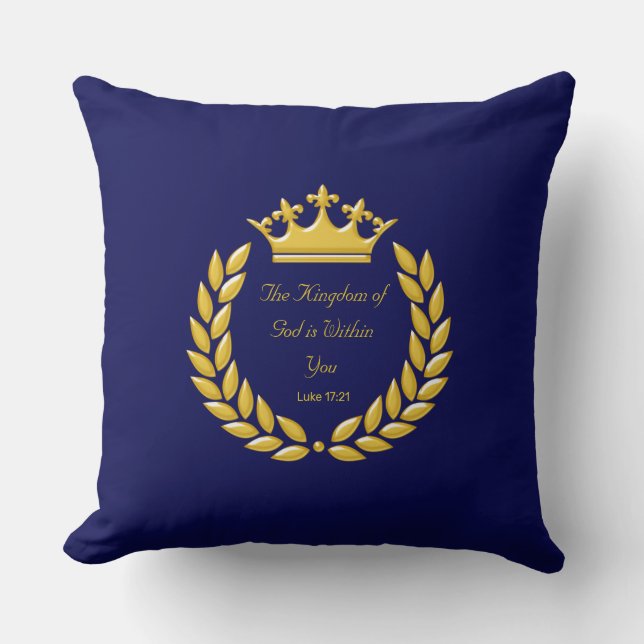 Golden Crown & Bible Verse on Navy Blue Cushion (Front)