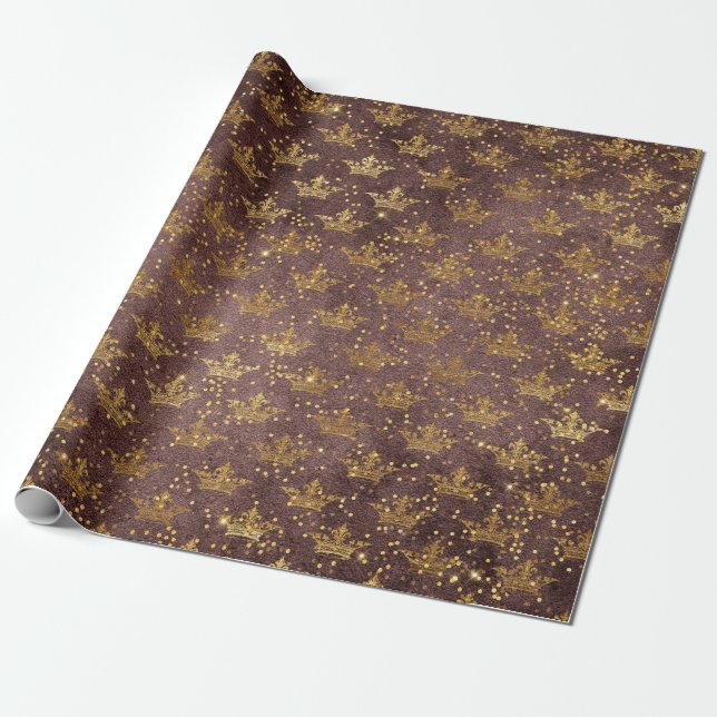 Golden Crown Confetti Royal Burgunde Velvet Wrapping Paper (Unrolled)