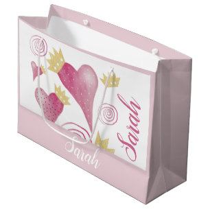 Golden Crown Heart Blush Watercolor Monogrammed Large Gift Bag