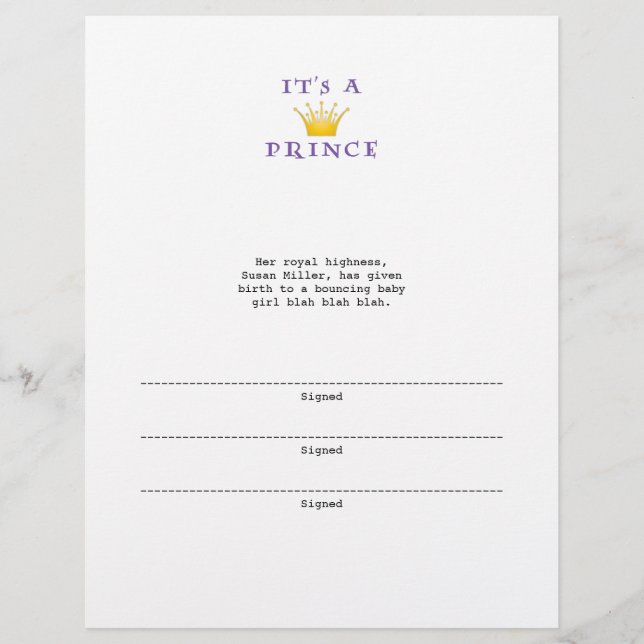 Golden Crown "It's a Prince" with Wizard font (Front)