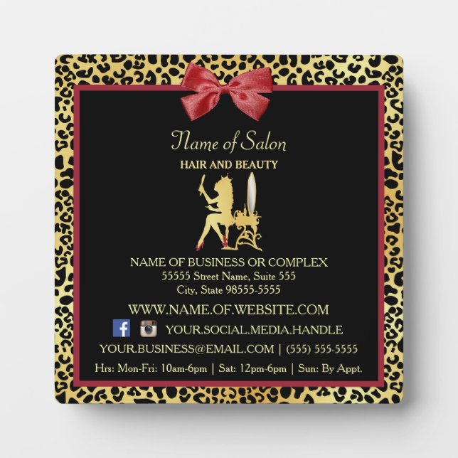 Golden Crown Leopard Red Bow Salon Contact Info Plaque (Front)
