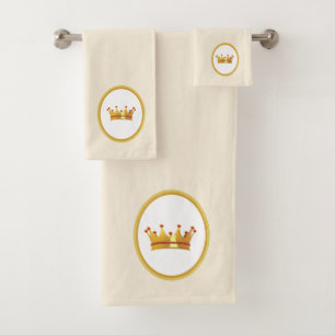 Golden crown on sand beige bath towel set