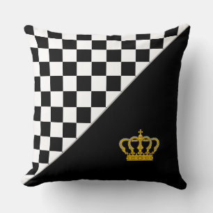 Golden Crown on Stylish Black & White  Chess Cushion
