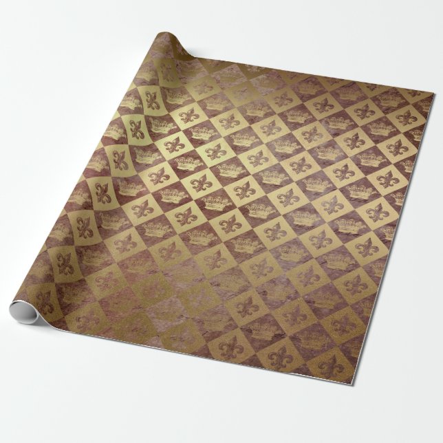 Golden Crown Royal Burgunde Velvet Chessboard Wrapping Paper (Unrolled)