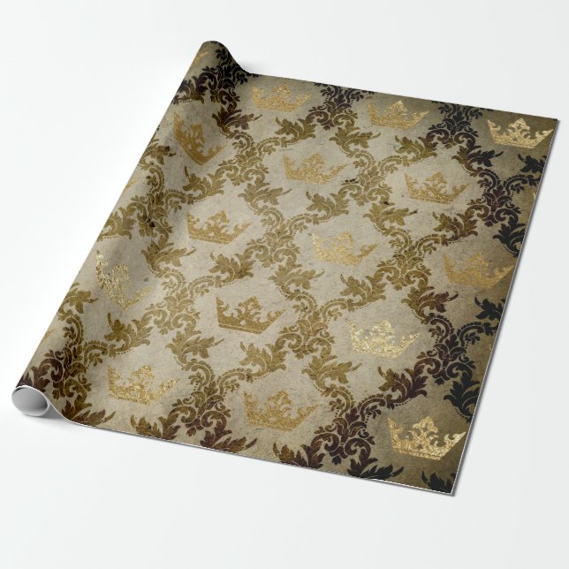 Golden Crown Royal Grungy Ivory Green Velvet Wrapping Paper (Unrolled)