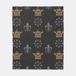 Golden Crowns On Black Wallpaper, seamless pattern Fleece Blanket