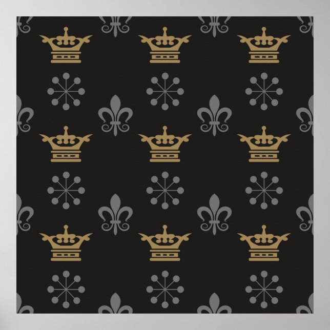 Golden Crowns On Black Wallpaper, seamless pattern Poster (Front)