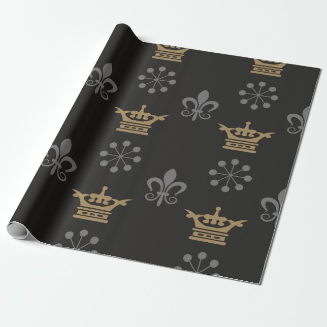 Golden Crowns On Black Wallpaper, seamless pattern Wrapping Paper (Unrolled)