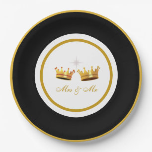 Golden Crowns on Black & White Wedding Paper Plate
