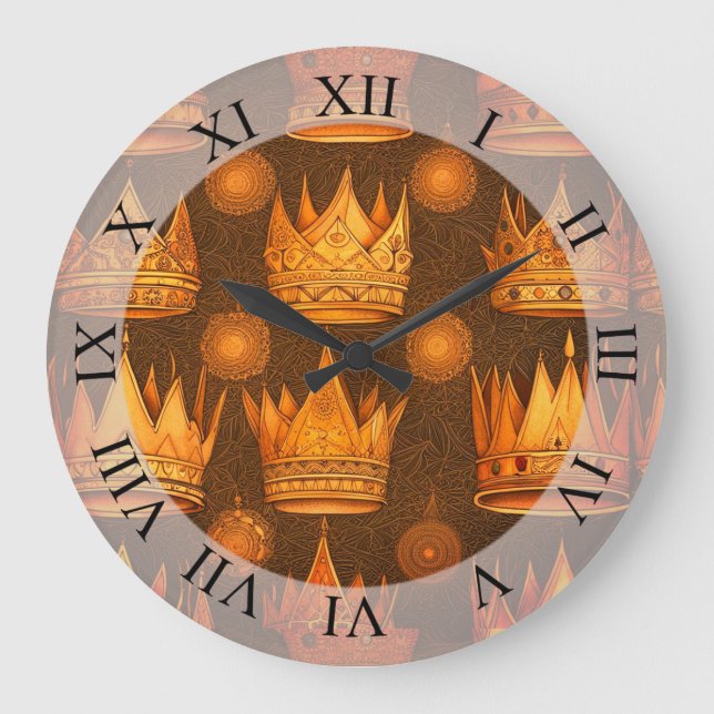 Golden Crowns Pattern  Large Clock (Front)