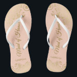 Golden Curls on Coral Peach Maid of Honour Wedding Jandals<br><div class="desc">These beautiful wedding flip flops are a great way to thank and recognise your Maid of Honour while saving her feet at the same time. Features an elegant design with frilly golden curls and swirls on a pale orange or coral peach coloured background and fancy gold coloured script lettering. The...</div>