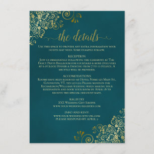 Golden Curls & Swirls on Dark Teal Wedding Details Enclosure Card