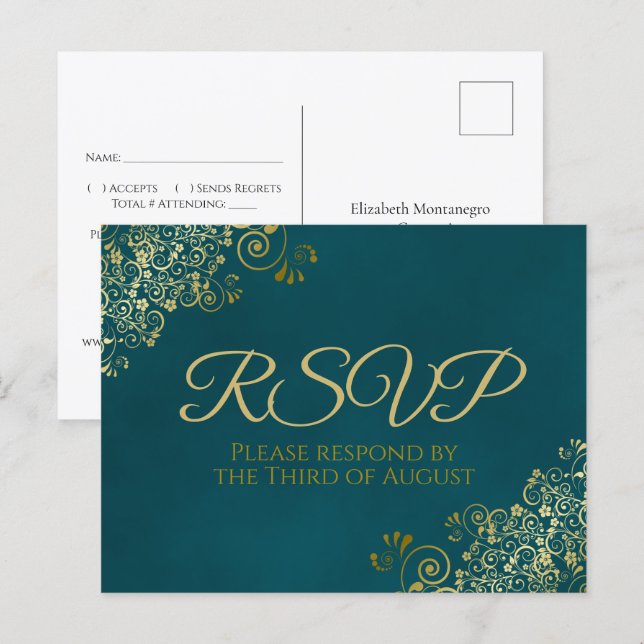 Golden Curls & Swirls on Teal Wedding RSVP Postcard (Front/Back)