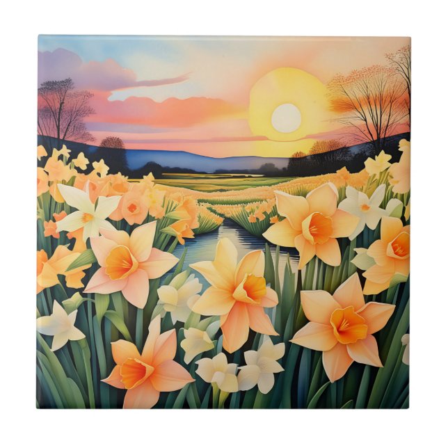 Golden Daffodils At Sunset In A Tranquil Meadow Tile (Front)