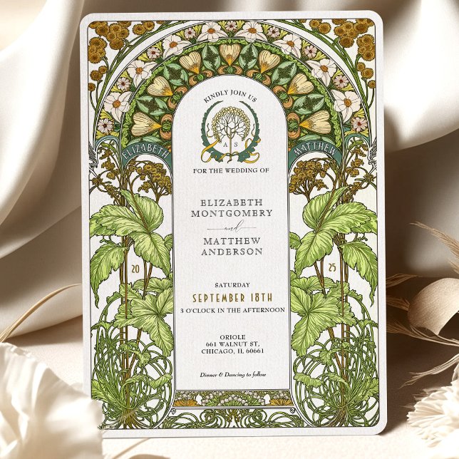 Golden Daisies & Green Foliage Art Nouveau Wedding Invitation (Creator Uploaded)