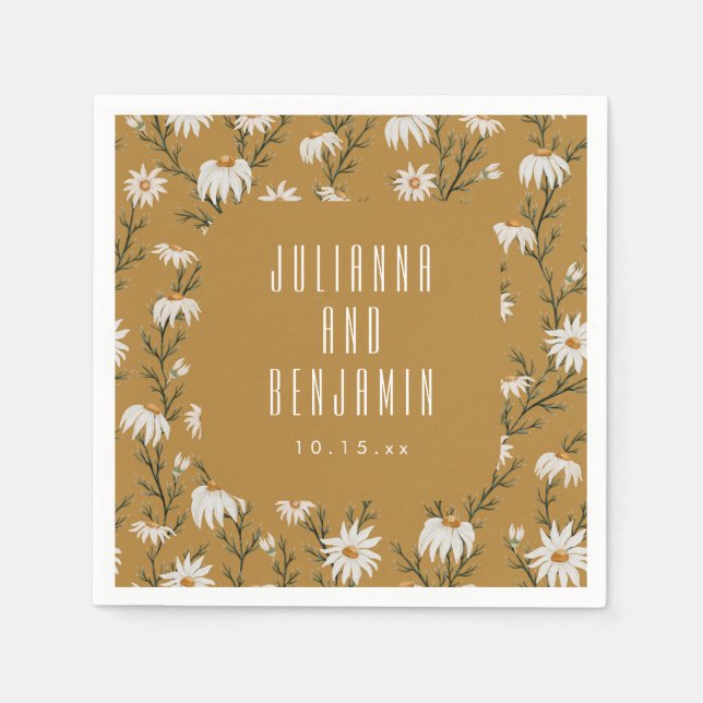 Golden Daisy Wildflower Boho Wedding Floral Names Napkin (Front)